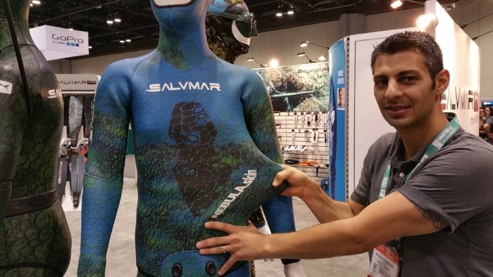 Maverick America’s Petros Yiannikouros demonstrates the flexibility of the company’s new Nebula.Skin wetsuit.