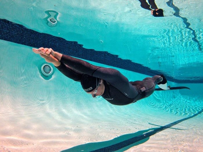 Freediver in streamline form with monofin, capable of efficient cruising at 3 knots.
