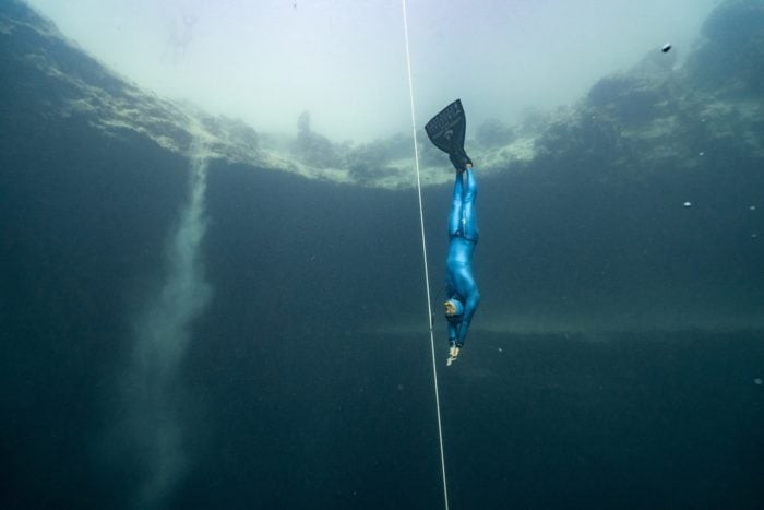 Aolin Wang from China diving with a Monofin at Vertical Blue 2016 (photo by Daan Verhoeven)