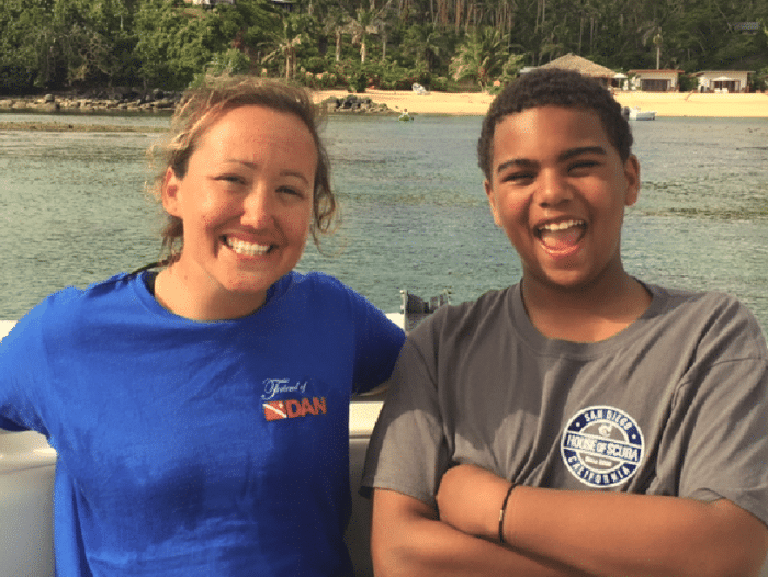 PADI Junior Master Diver T Cumming with his instructor, Bethy Driscoll