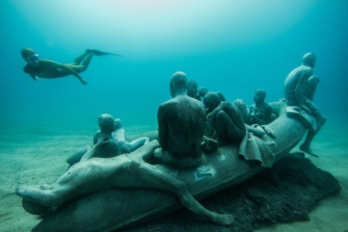 The Raft of Lampedusa 14m Museo Atlantico, Lanzarote, Spain copyright by Jason deCaires Taylor