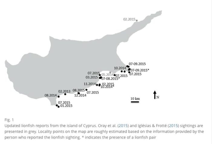 Map of Lionfish sightings off Cyprus. (Source: Marine Biodiversity Records)