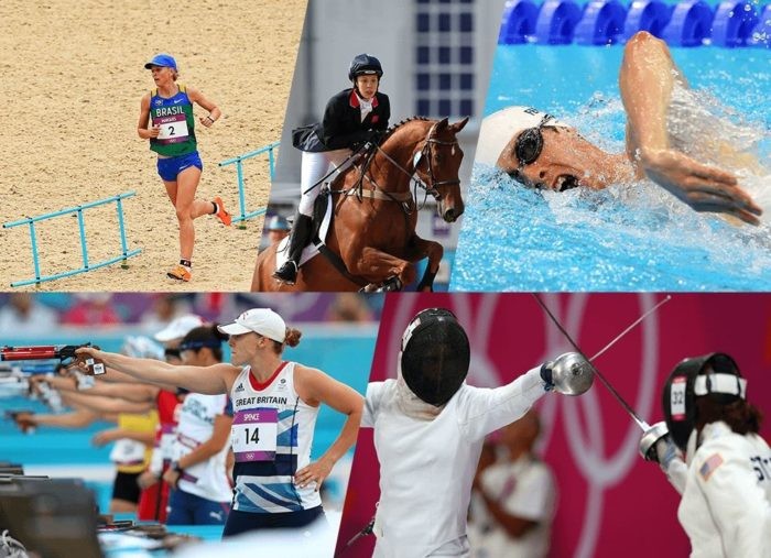 The modern pentathlon's continued place in the Olympics has been challenged. Here is a poster of the sport from Rio 2016's official website.