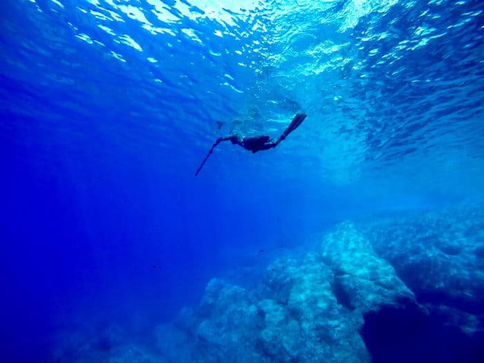 spearfishing in the blue sea water