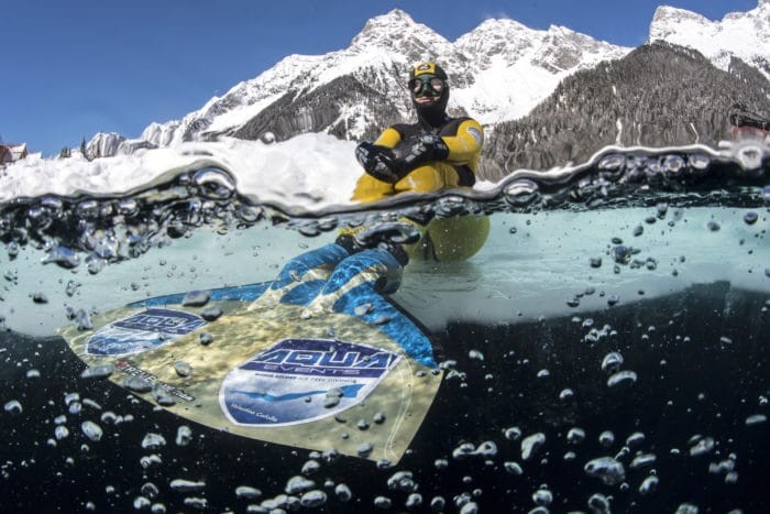 Valentina Cafolla of Croatia is seen during the successful attempt to set a new Apnea distance World record under the ice with a distance of 125 meters at lake Anterselva in Italy on March 12, 2017.