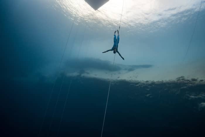 Dean Chaouche competition in his deep freediving discipline - Constant Weight No Fins (CNF). Photo by <a href="https://www.instagram.com/daanverhoevenfreediver/?hl=en" data-lasso-id="2699579">Daan Verhoeven</a>.