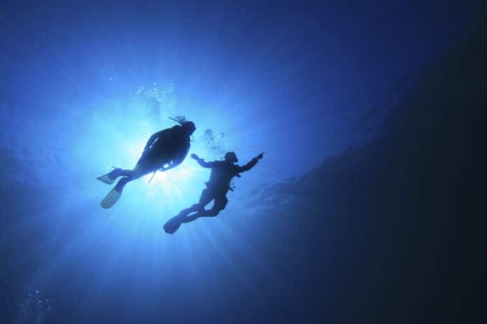 Two Scuba Divers In Silhouette