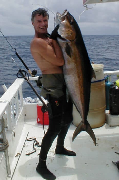 Oil rigs are "must dives" for spearos! This 66 pound AJ taken freediving with a reel offshore from Galveston, Texas