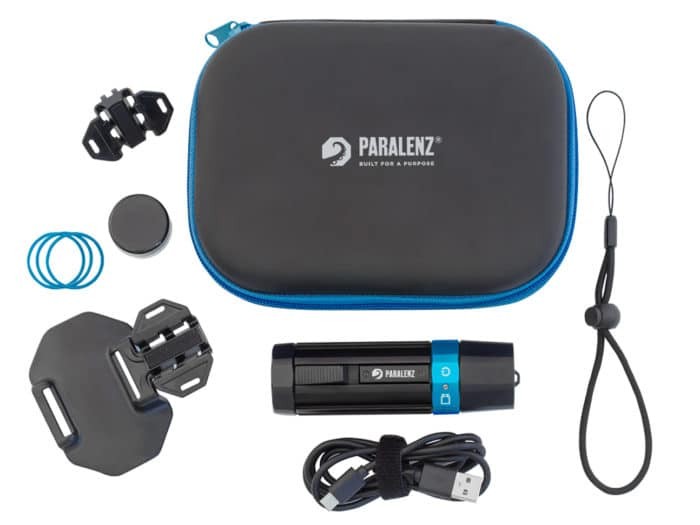 Kit included with the Paralenz - case, leash, USB-C charging cable, mask mount, GoPro style mount, extra O-rings, O-ring grease.
