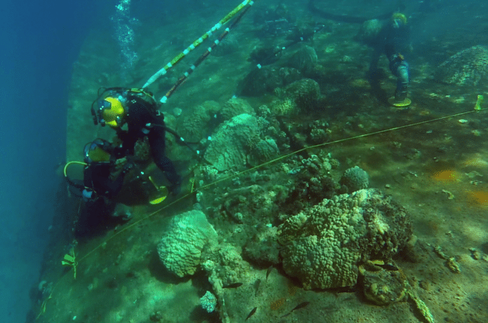 U.S. Navy divers from Mobile Diving Salvage Unit (MDSU) 1, aboard USNS Salvor (T-ARS-52), remove fuel oil from the capsized World War II German cruiser Prinz Eugen. (U.S. Navy photo)