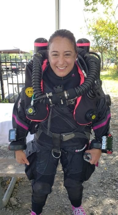 Renata advancing her skills in diving learning to use closed-circuit rebreather technology to explore wrecks deeper and longer.