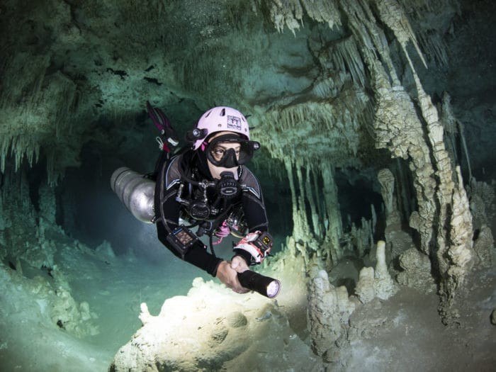 Renata exploring caves in Mexico. Photo By Jill Heinerth