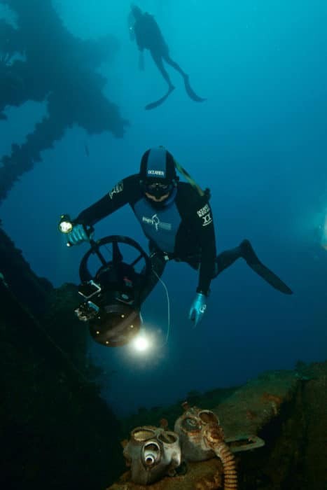 Freediving the Nippo Maru (photo by Kirk Krack)
