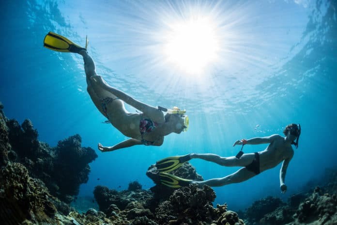 Underwater shot of the couple snorkeling over a coral reef
