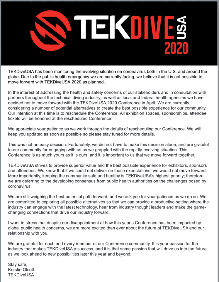 TEKDiveUSA 2020 Conference To Be Rescheduled Due To COVID-19