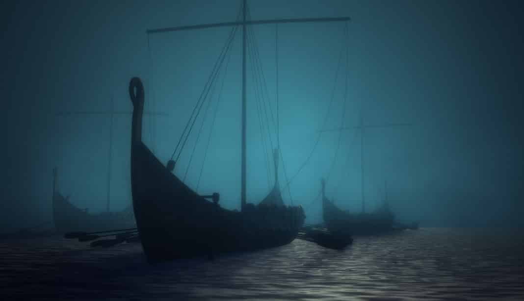 Vikings ships on the blue mysterious water.