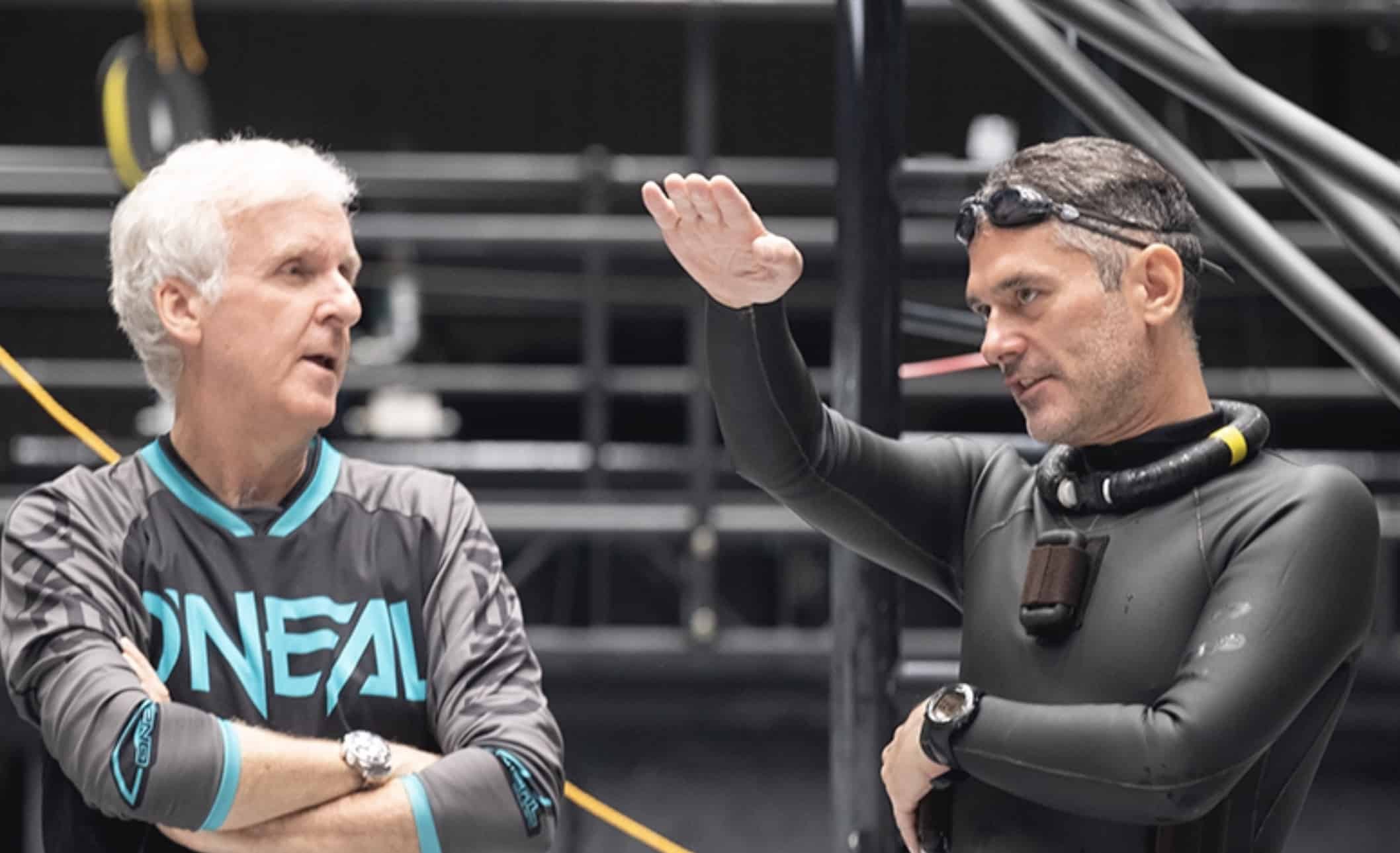 Director James Cameron and Kirk Krack on set during the filming the Avatar sequels.