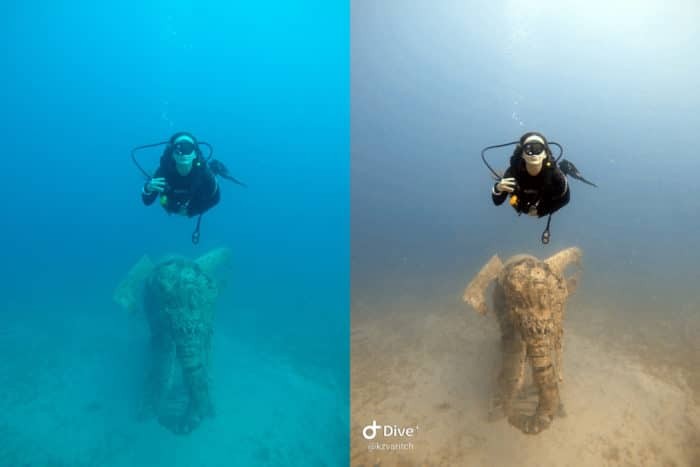 An example of Dive+'s automatic color correction. The left is an original photo from a GoPro Hero 4. The right is the automatic color corrected version.