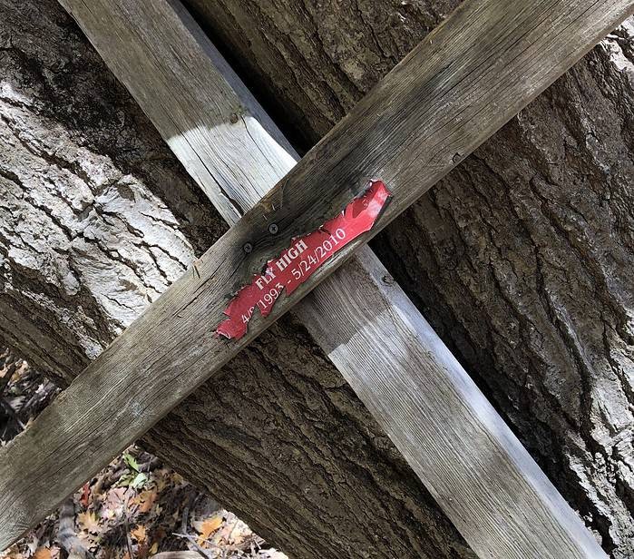 A poignant tribute to one of the kids who drowned - since pulled from the water and resting against a tree on the trail