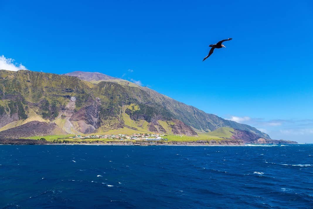 Edinburgh of the Seven Seas, the main and only town (settlement) of Tristan da Cunha, the most remote island. 1961 Volcano cone. View from the roadstead. Seagull, cormorant or gannet on foreground.