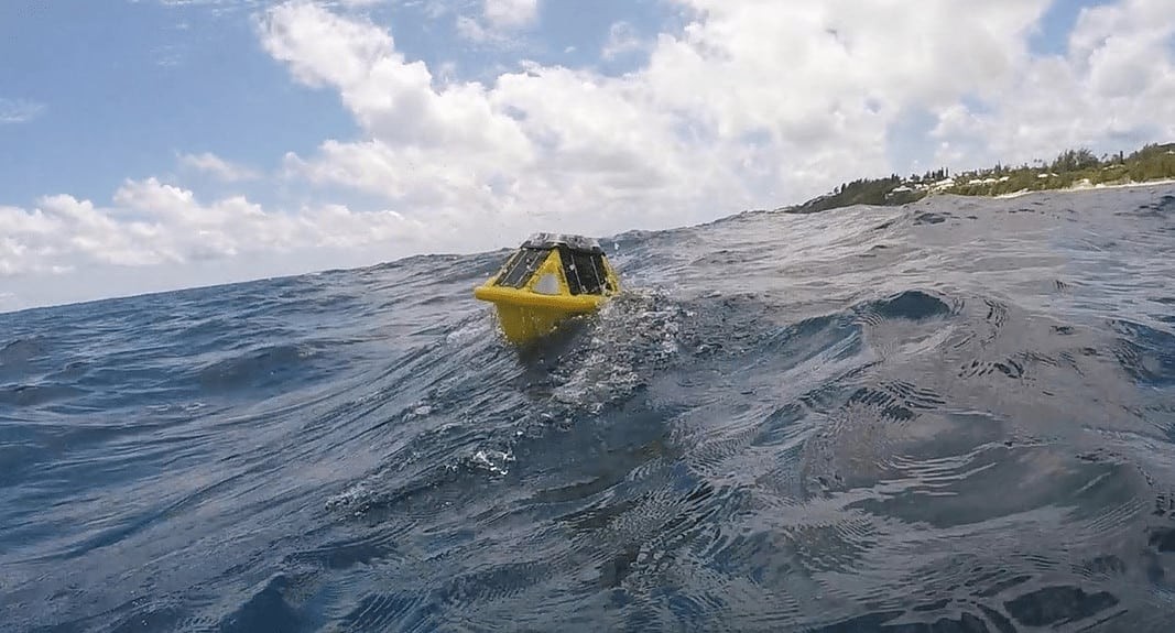A solar-powered, IoT-enabled Sofar Spotter buoy off the coast of Bermuda, measuring waves, winds and sea surface temperatures. (Image credit: Ted Gosling / One Communications)
