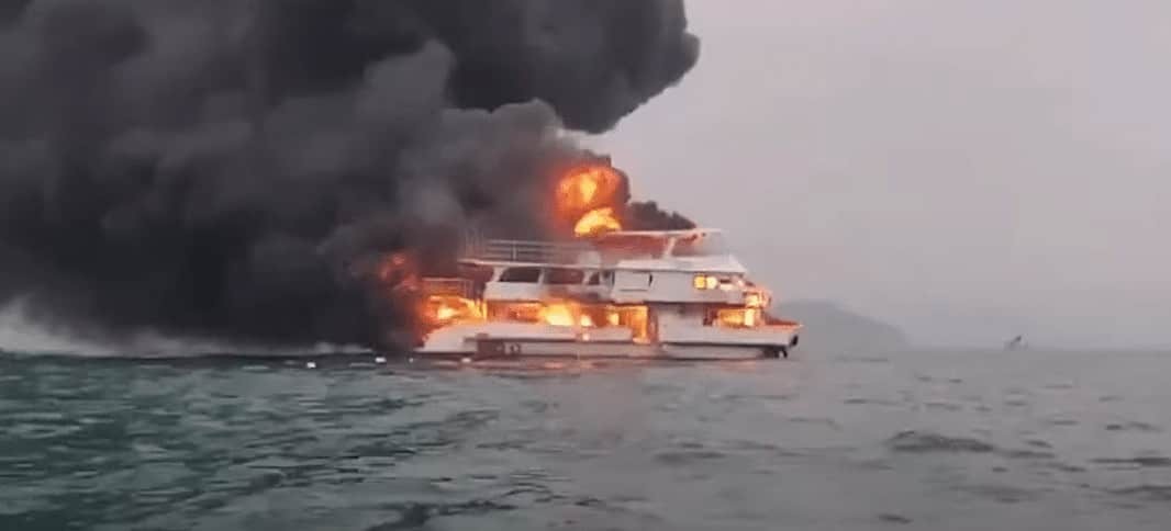 Dive boat ablaze off Hong Kong (Image credit: SCMP Clips)