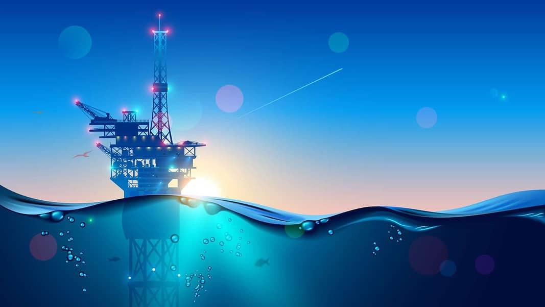 Offshore Oil or Gas Rig in sea at sunset time. industry drill platform in ocean. Water with underwater bubbles with sunrise on horizon. (Adobe Stock)