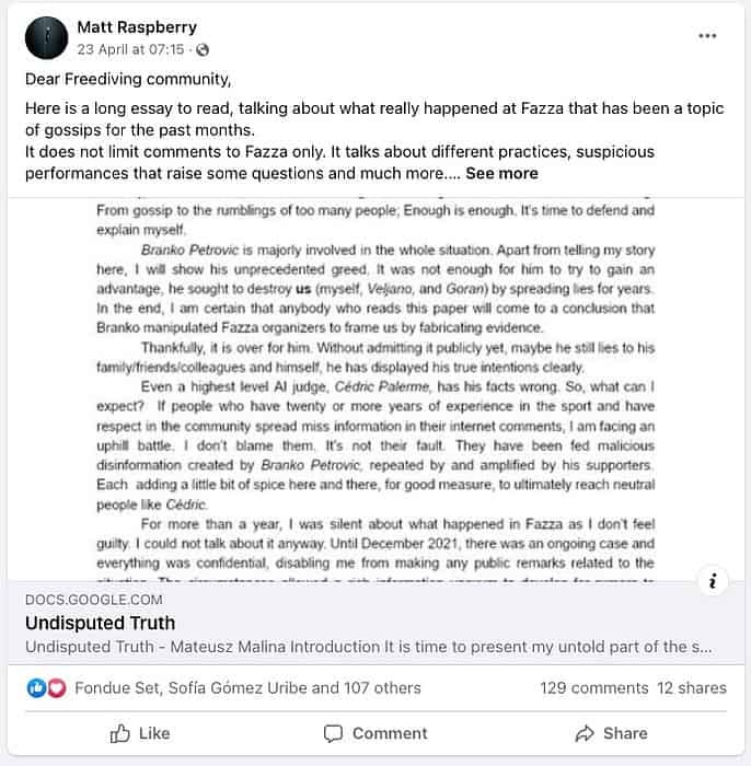 Matt Malina posts his document on the AIDA International Facebook Group