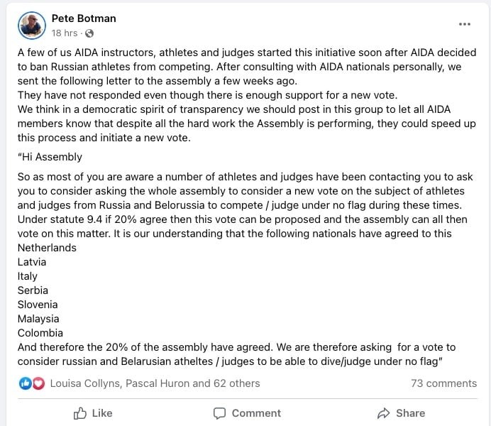 A number of freedivers are calling on AIDA to hold a vote over whether to allow Russian and Belarusian athletes to compete in freediving competitions under no flag.