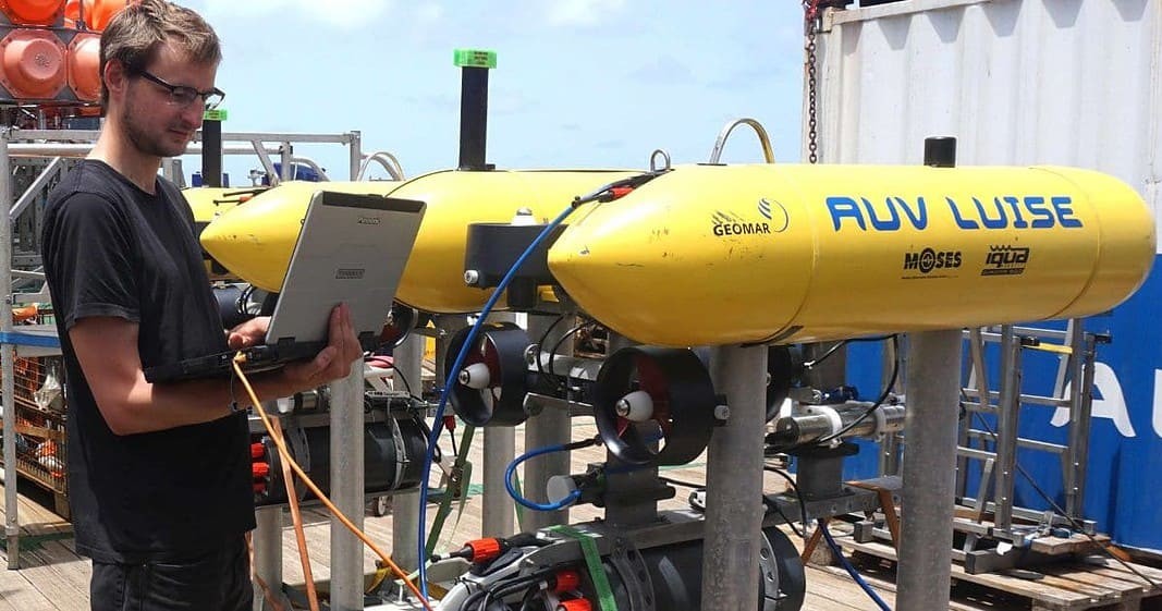 Autonomous underwater vehicle LOUISE is prepared on the research vessel Meteor. (Image credit: Nis Hansen/GEOMAR)