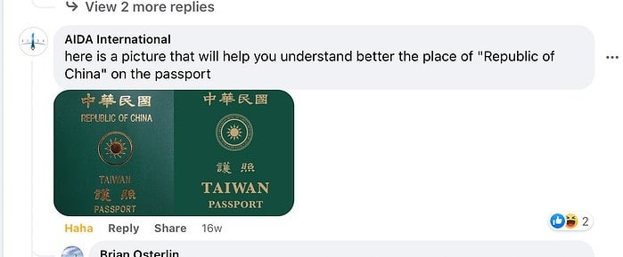 AIDA International appears to show confusion at the difference between PRC (China - 'People’s Republic of China') and ROC (Taiwan - 'Republic of China') in now-deleted comments.