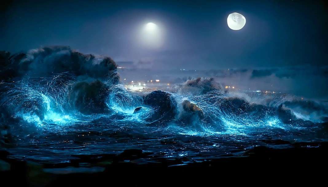 Night fantasy seascape with beautiful waves and foam. Night view of the ocean. Neon foam on water waves. Reflection in the water of the starry sky. 3D illustration. (AdobeStock)