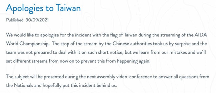 AIDA International’s short public apology to Taiwan regarding the removal of Taiwan’s national flag at the 28th AIDA Depth World Championship
