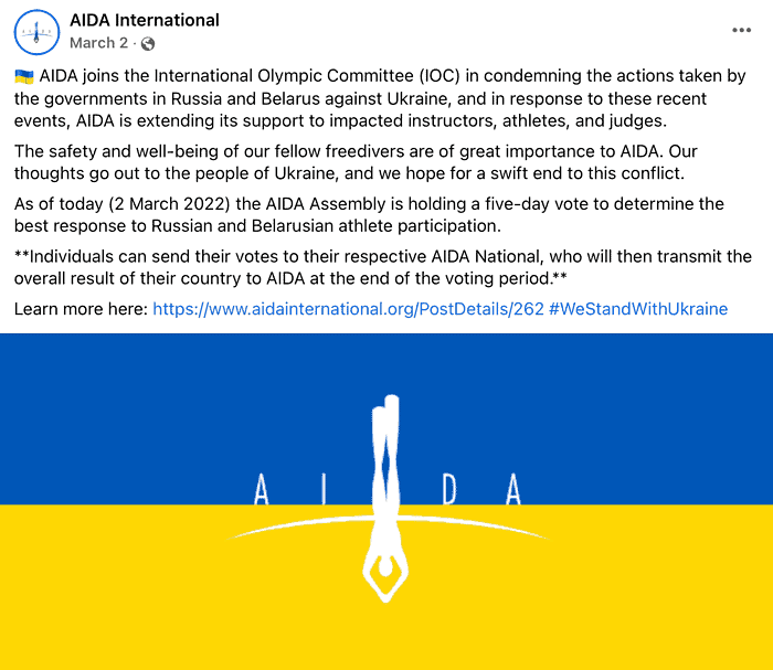 AIDA International announced the vote regarding banning Russian and Belarusian citizens from competition participation via a public post on the AIDA International Facebook group.