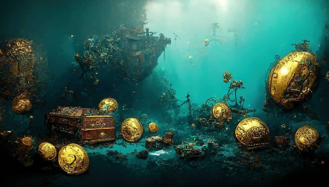 Open treasure chest sunken at the bottom of the sea (Adobe Stock)