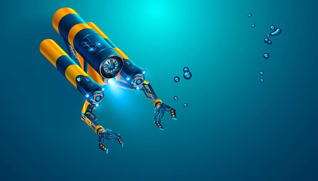 Autonomous underwater rov with manipulators or robotic arms. Modern remotely operated underwater vehicle. Fictitious subsea drone or robot for deep underwater exploration and monitoring sea bottom. (Adobe Stock)