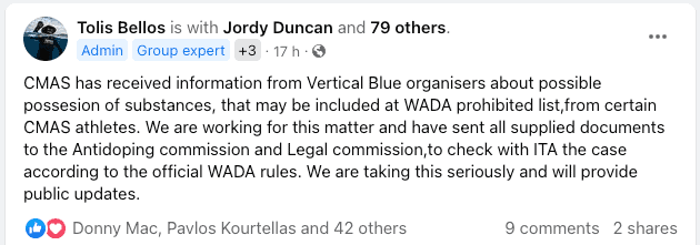 CMAS Post on Facebook confirming investigation on the doping allegation at Vertical Blue 2023